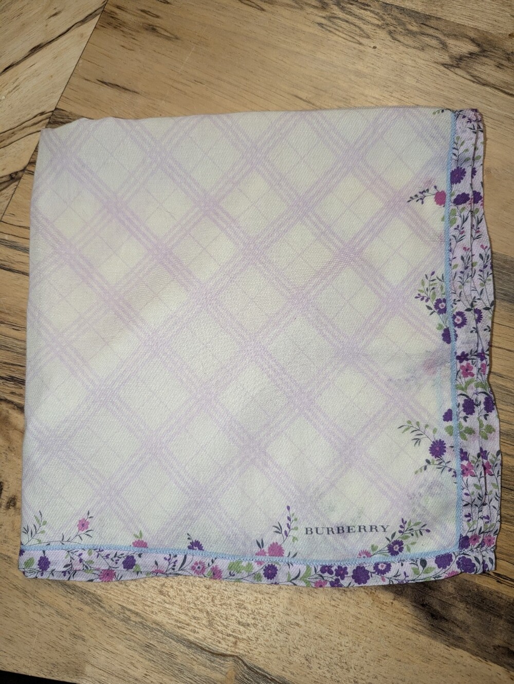 Burberry Lavender Plaid Floral Cotton Handkerchief Approximately 20 X 20